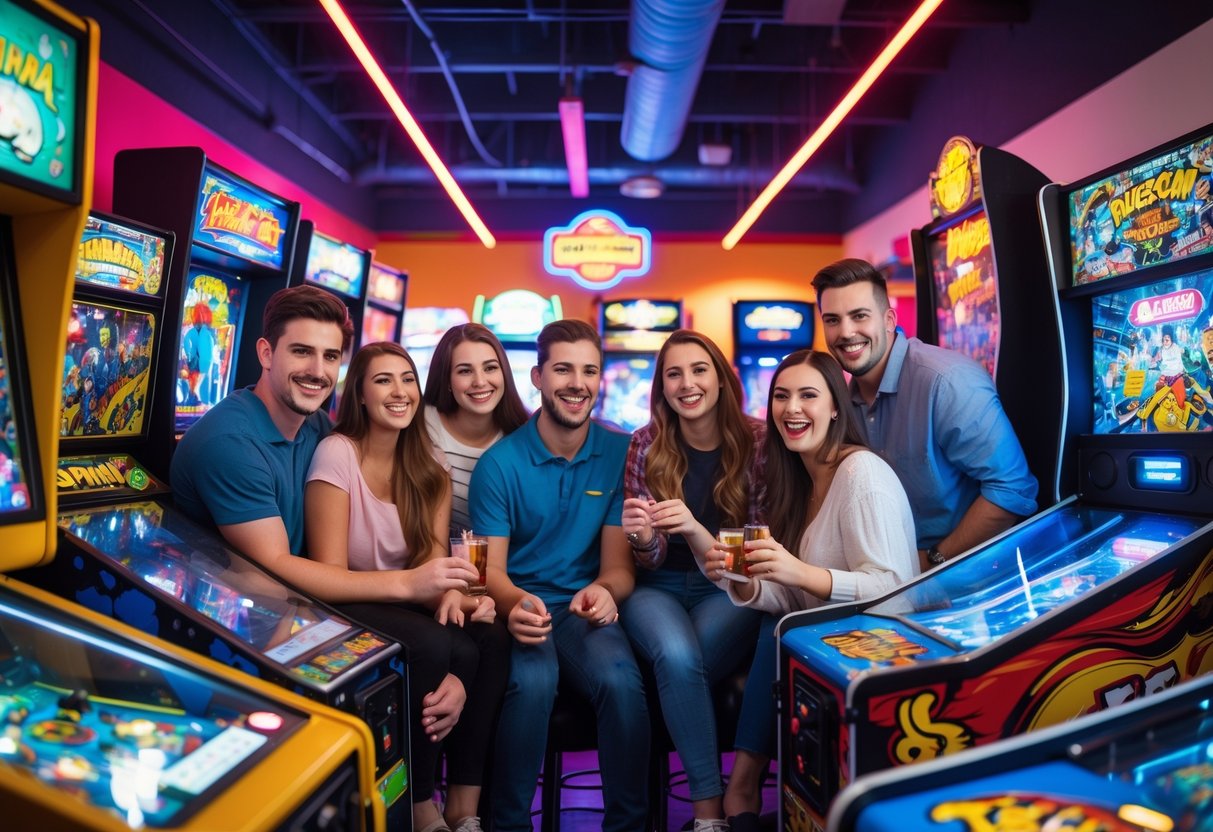 People enjoying arcade games inside a brightly lit arcade with colorful lights and gaming machines.