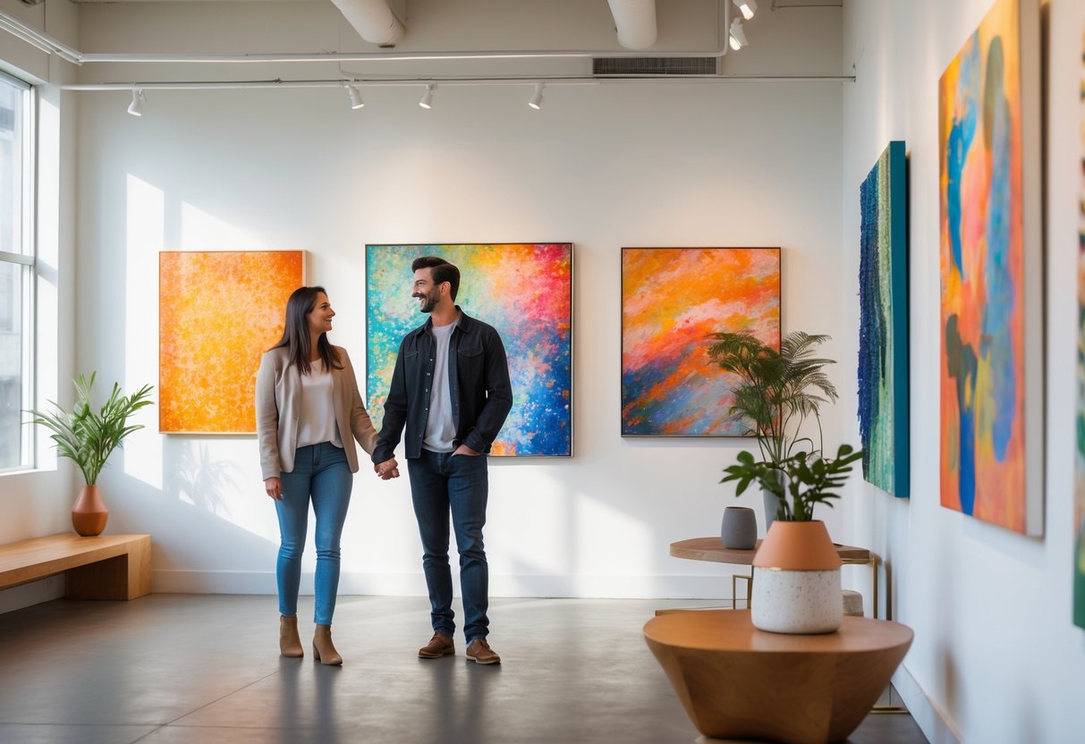 A young couple admiring artwork inside a bright, modern art gallery.