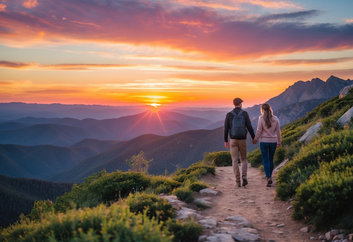 A couple walking hand in hand on a mountain trail during a colorful sunset.