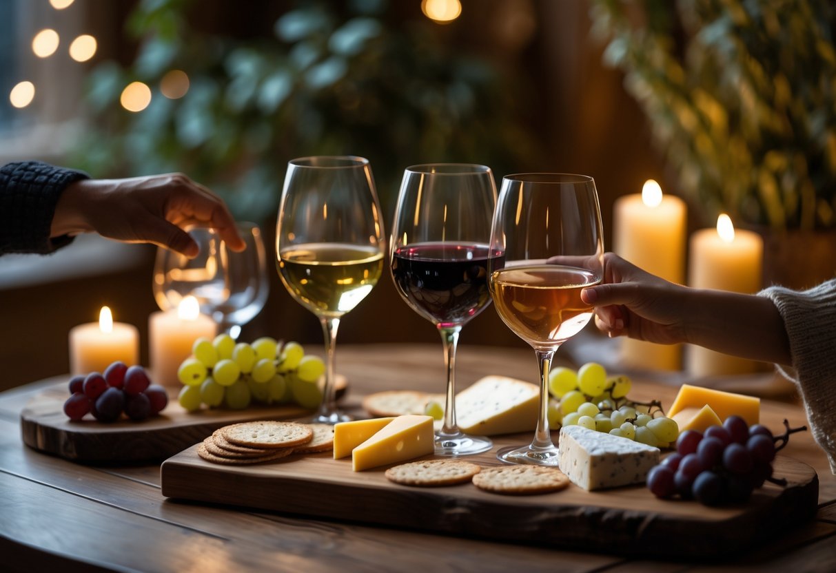 A couple sharing a wine tasting night with various glasses of wine and cheese on a wooden table in a cozy indoor setting.