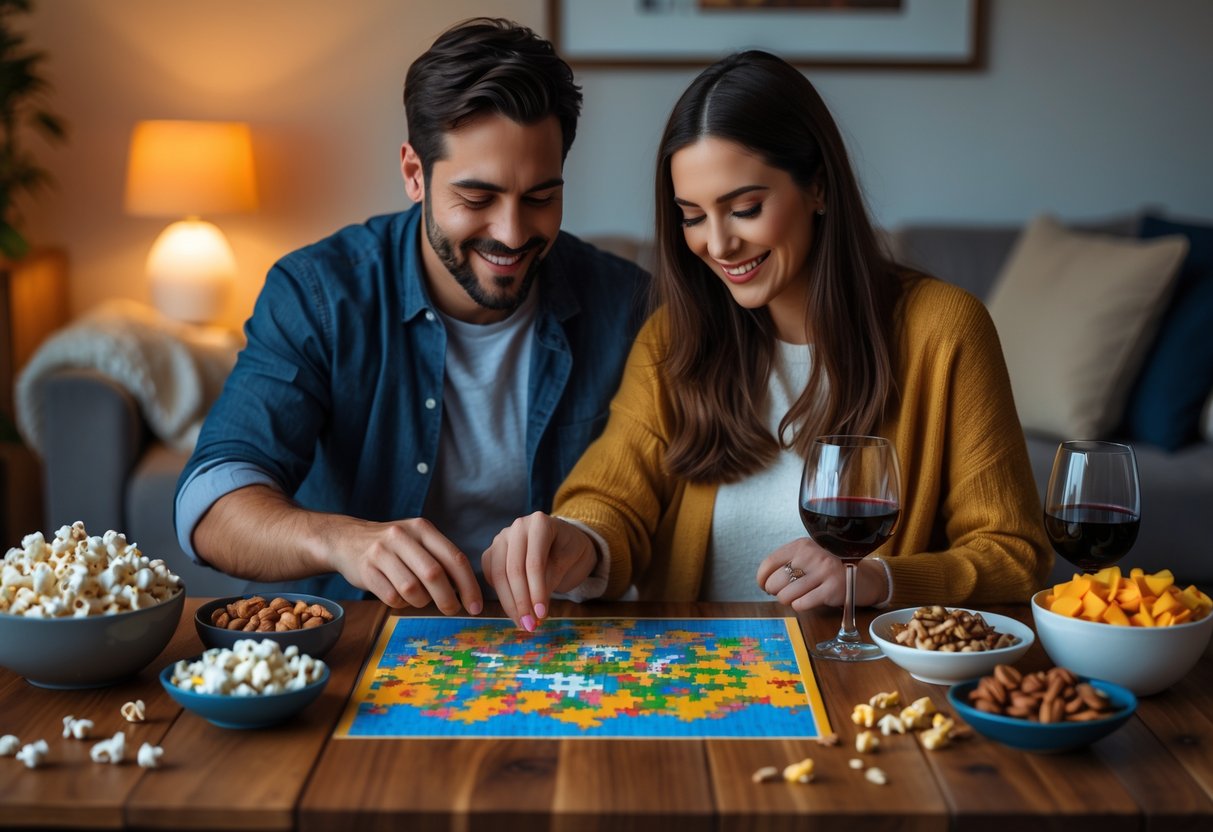 A couple enjoying a puzzle night together at a table with snacks and drinks in a cozy living room.