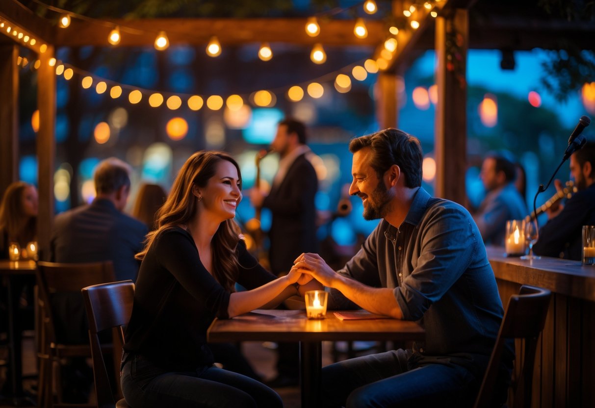 A couple sitting closely at a small table in a cozy music venue, enjoying a live jazz or acoustic performance on stage.