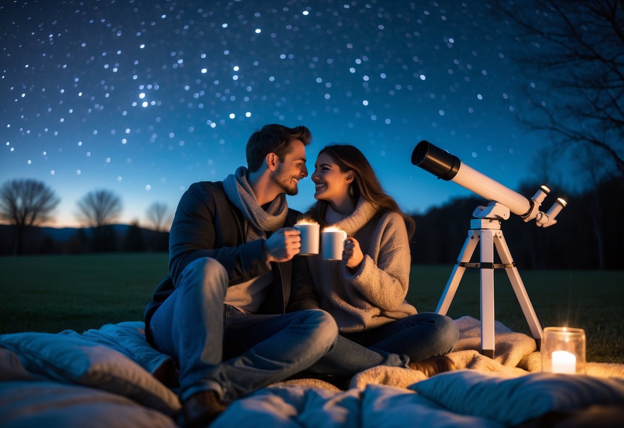 Couple sitting outdoors at night, sharing hot cocoa and looking through a telescope under a starry sky.