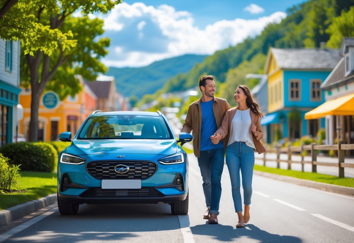 A smiling couple holding hands beside a car on a roadside with a small town in the background.