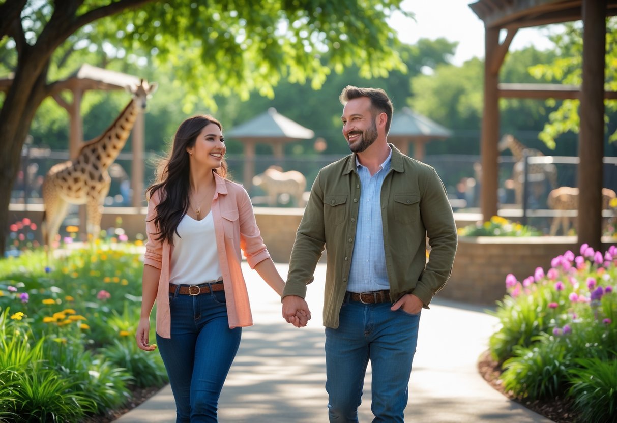 A smiling couple walking hand in hand on a path near zoo enclosures with animals visible in the background.