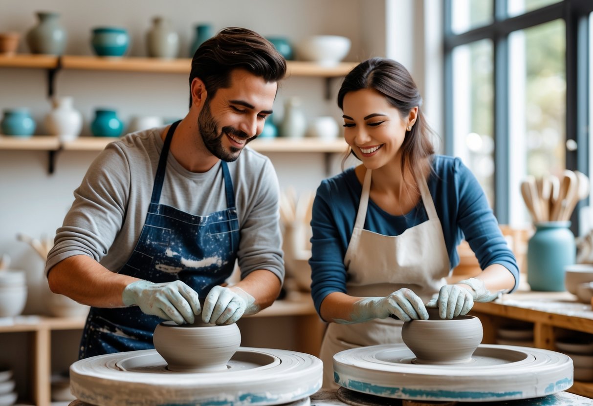 A couple happily making pottery together in a bright art studio.