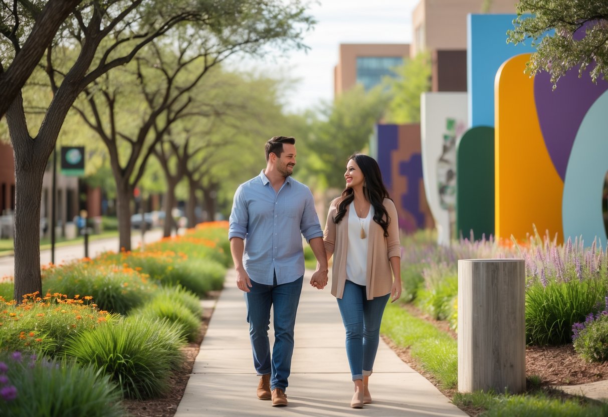 A smiling couple walking hand-in-hand along a tree-lined pathway with flowers and art installations in the background.