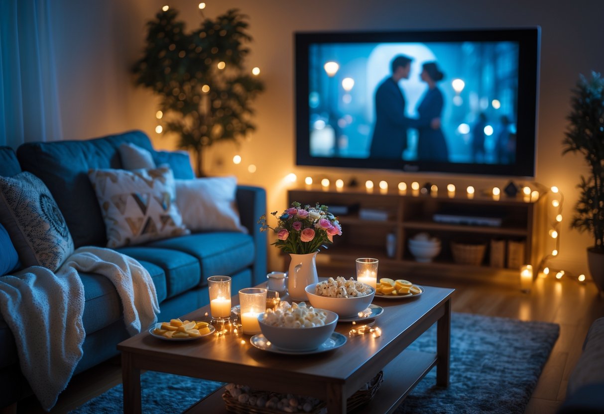 A cozy living room with a sofa, blankets, snacks, and a TV showing a movie, decorated with candles and flowers for a romantic movie marathon.