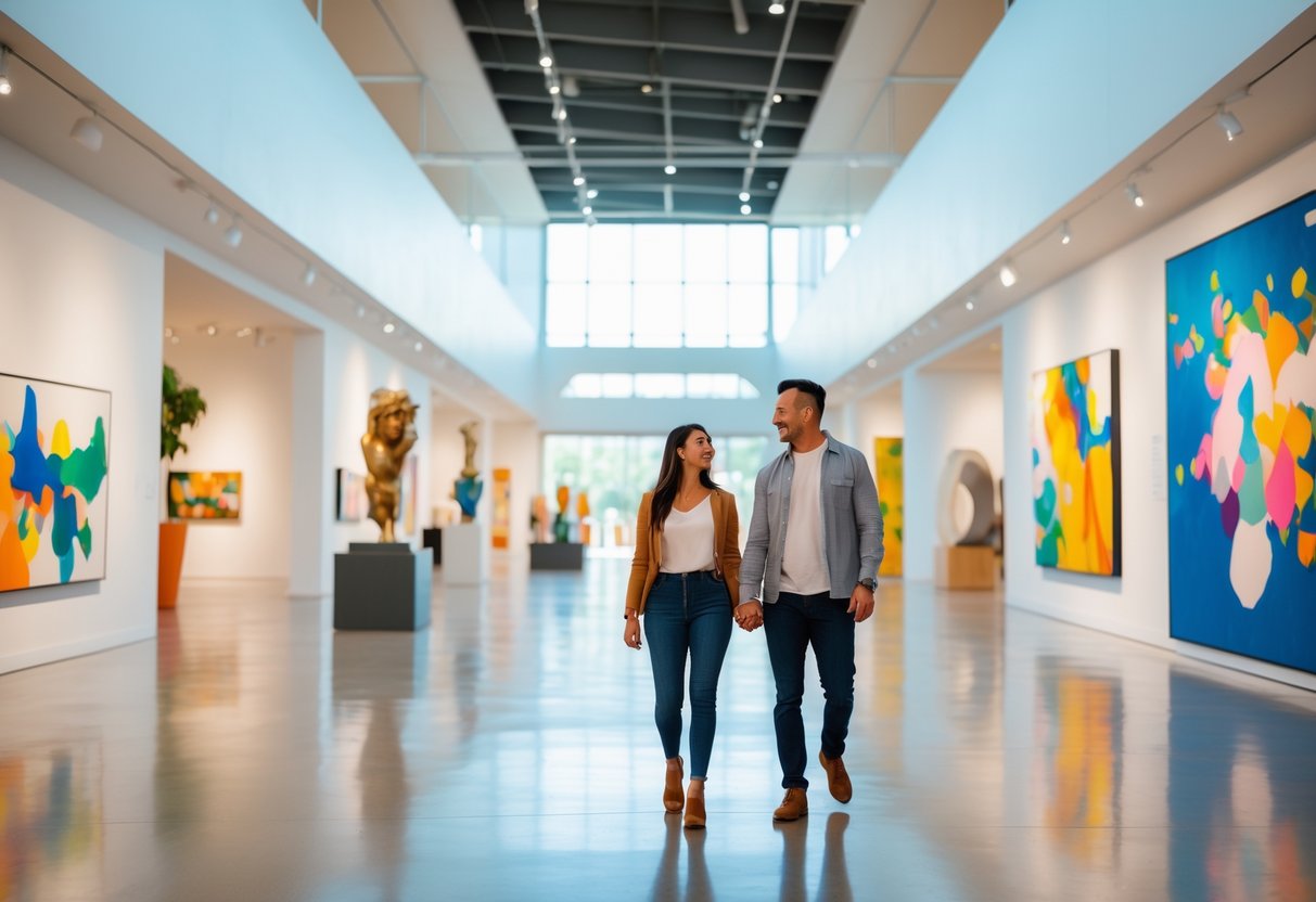 A couple walking hand-in-hand through a modern art museum gallery with colorful paintings and sculptures around them.