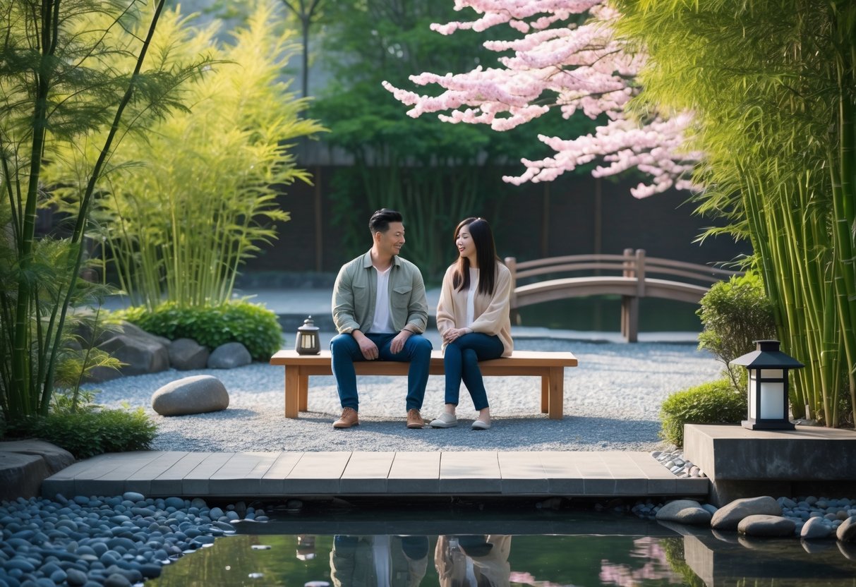A couple sitting peacefully by a koi pond in a Japanese garden surrounded by bamboo and cherry blossoms.