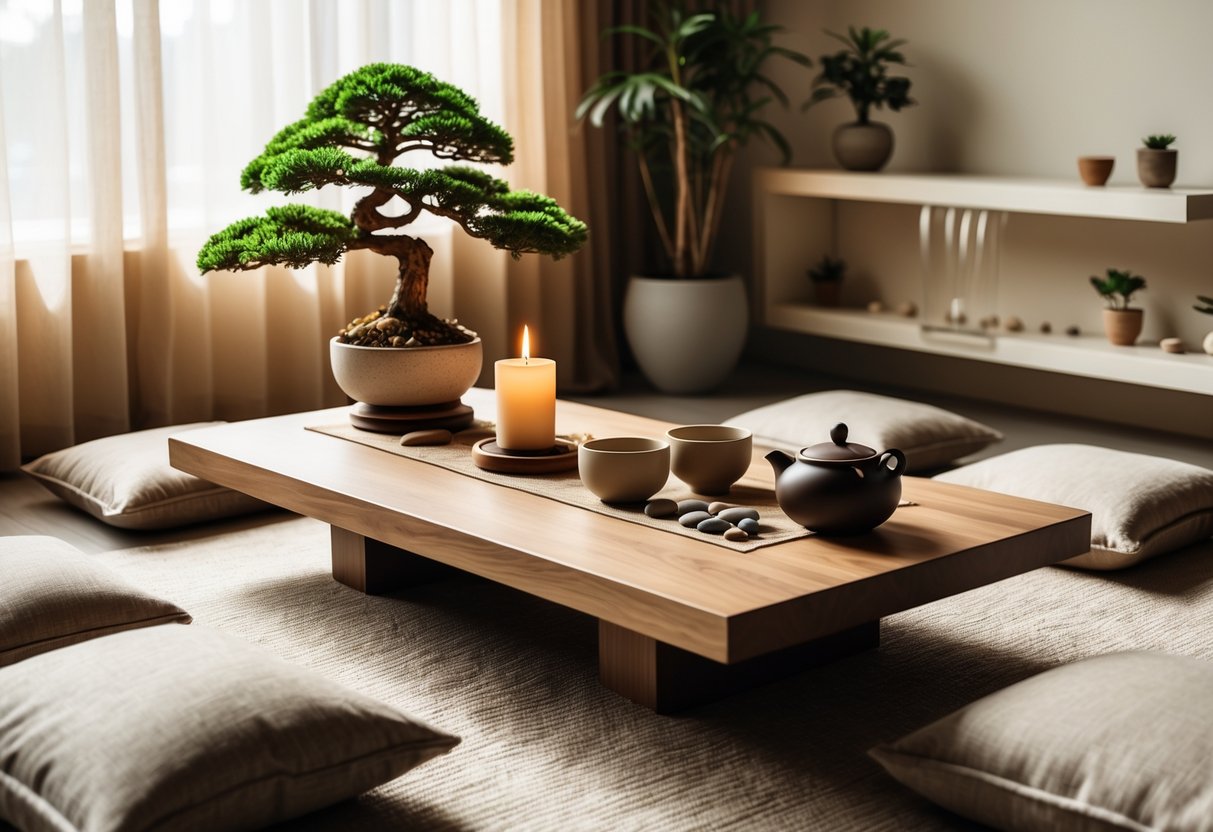 A peaceful indoor space with a low wooden table, cushions, plants, a bonsai tree, a lit candle, and a teapot, creating a calm and mindful atmosphere.