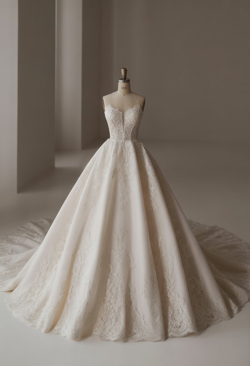 A white wedding dress with lace details displayed on a mannequin in a bright studio.