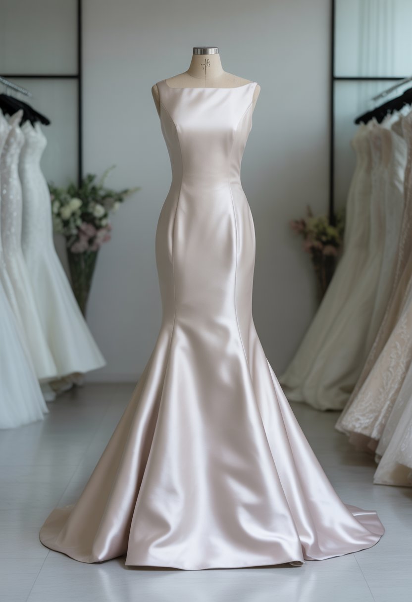 A satin mermaid wedding gown displayed in a bright bridal boutique with soft natural lighting.