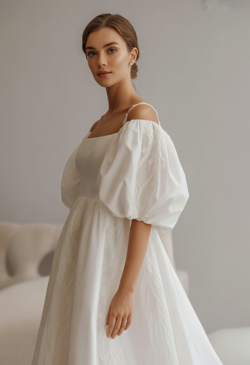 A model wearing a white wedding dress with large puffy sleeves standing in a bright studio.
