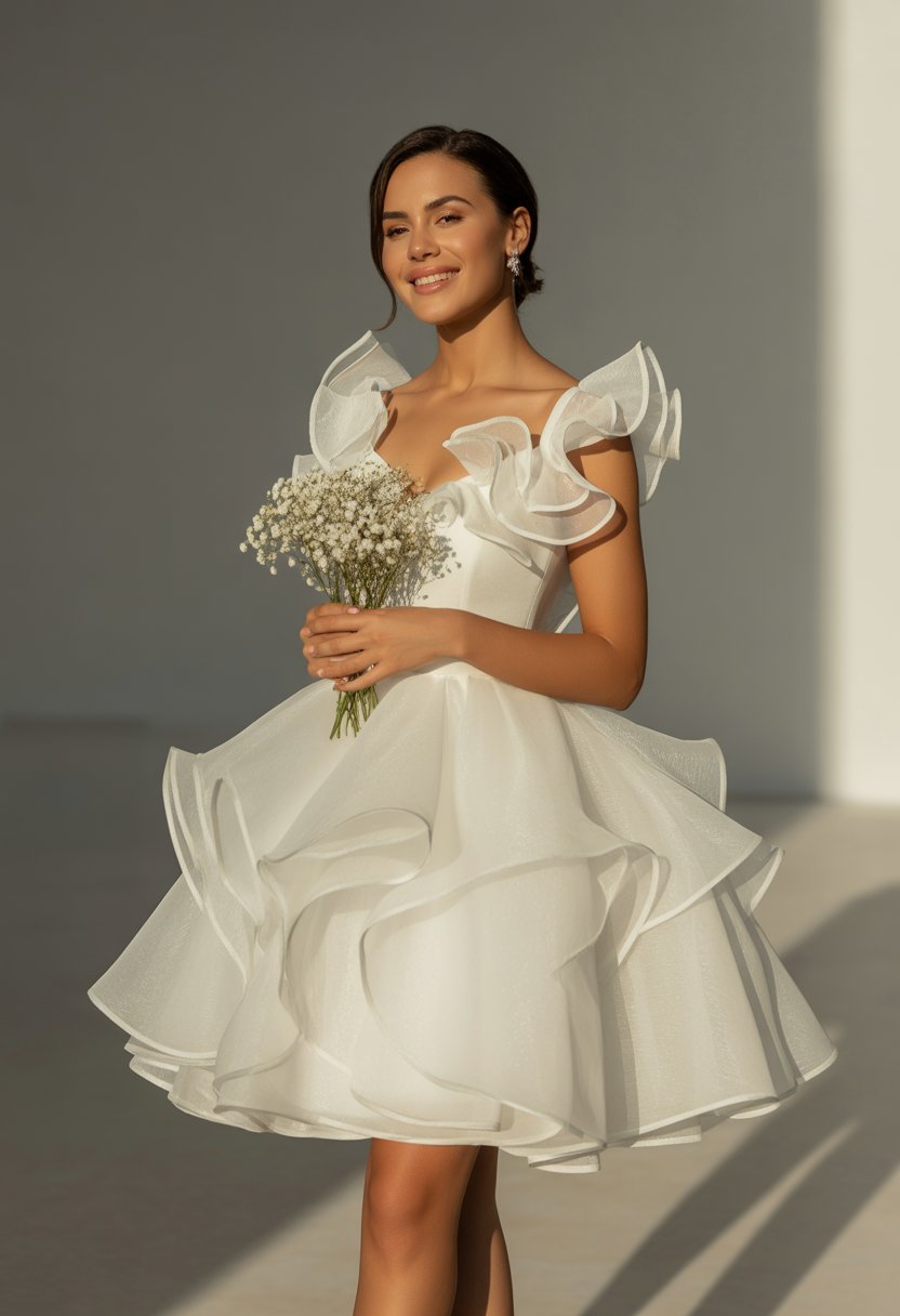 Bride wearing a short wedding dress with ruffles, standing and holding a small bouquet in a bright studio.