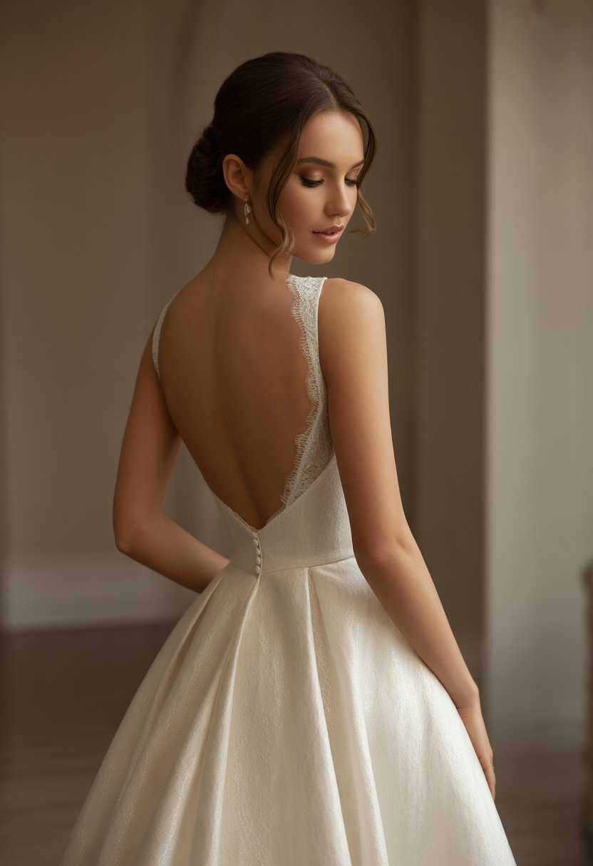 A bride standing indoors wearing a wedding dress with an open back.