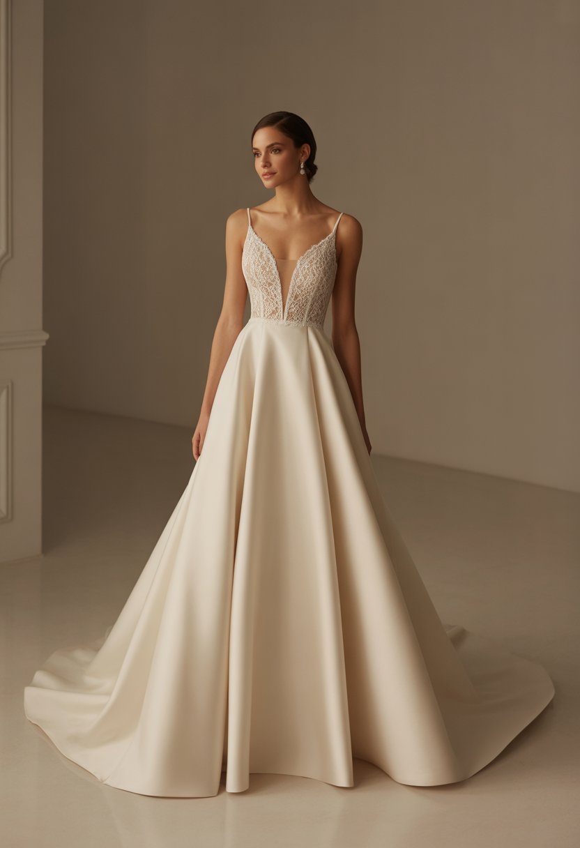 A model wearing a wedding dress with a plunging neckline standing in a bright studio.
