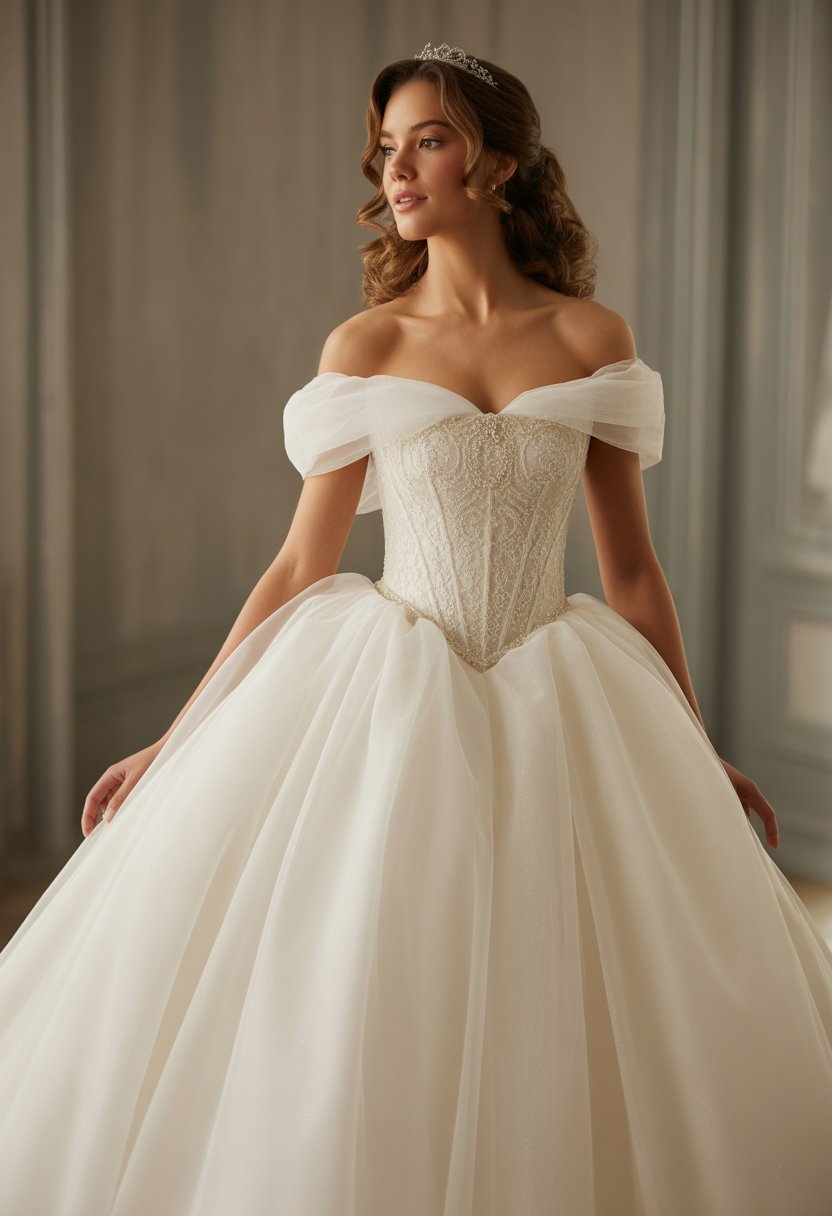 A bride wearing a voluminous princess wedding dress stands gracefully in a softly lit studio with a neutral background.