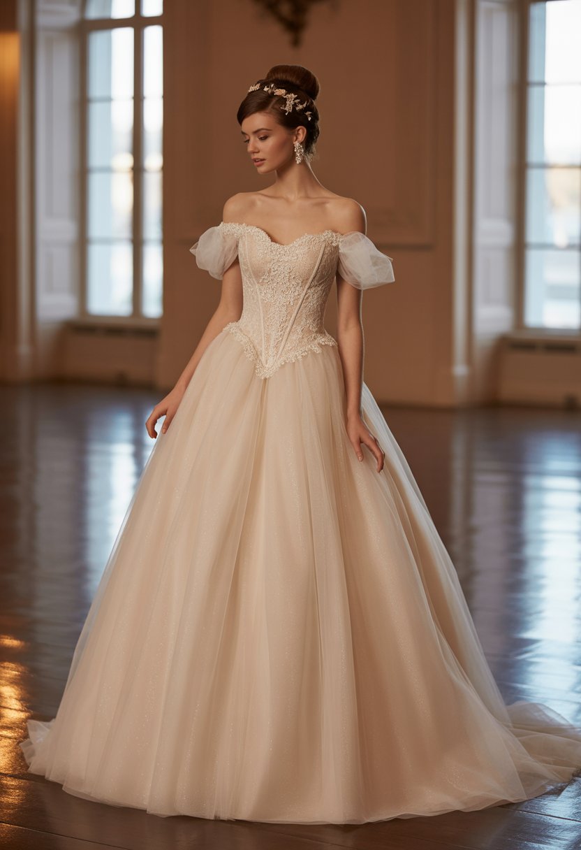 A bride wearing a flowing wedding gown stands in a softly lit ballroom with large windows.