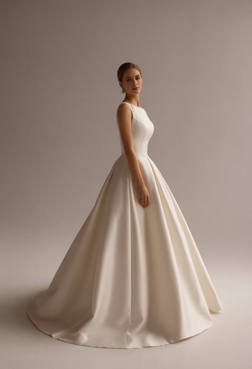 A bride standing in a studio wearing a wedding dress with a fitted bodice and a full skirt.