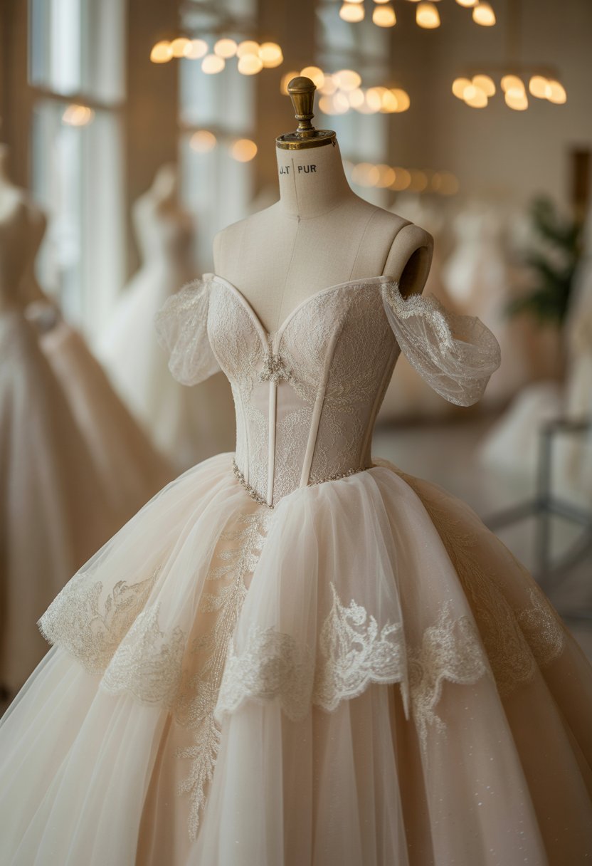 A princess wedding dress with a voluminous skirt and fitted bodice displayed on a mannequin in a softly lit bridal boutique.