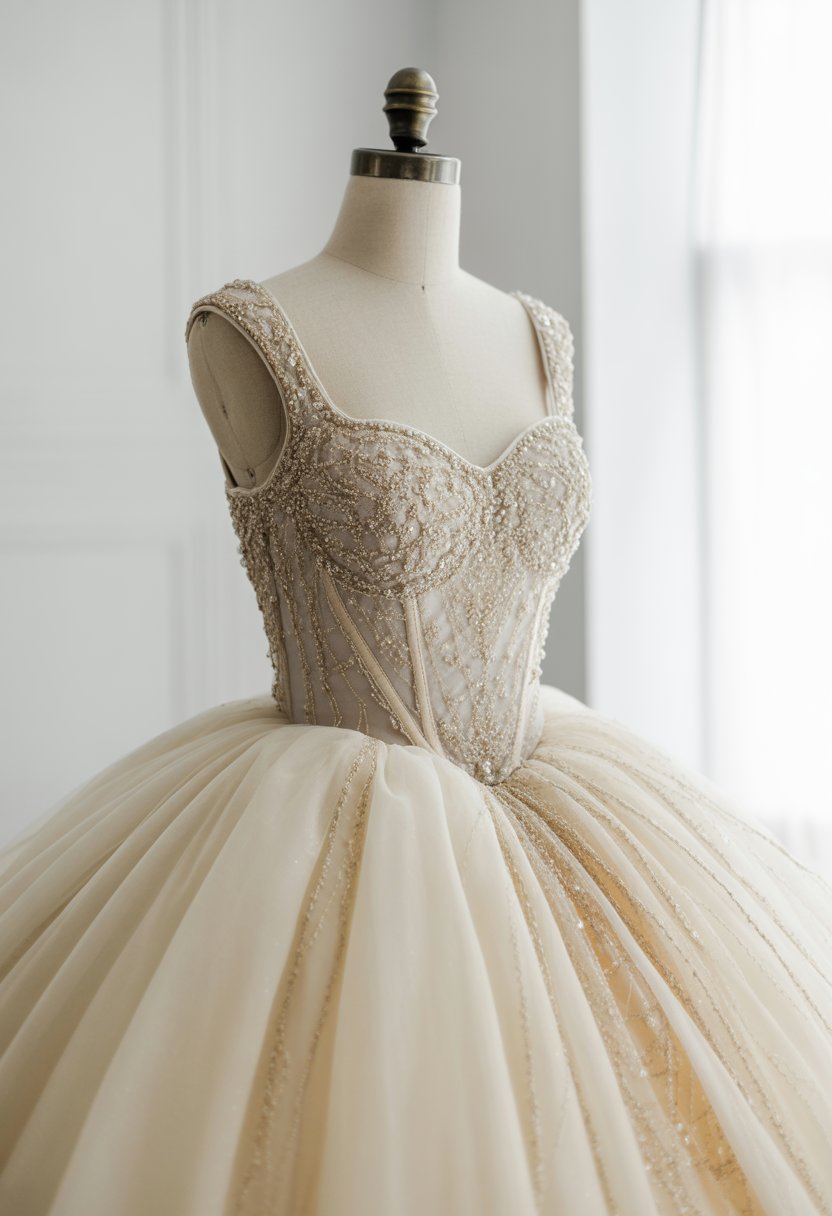 A princess wedding dress with a beaded bodice displayed on a mannequin in a bright studio.