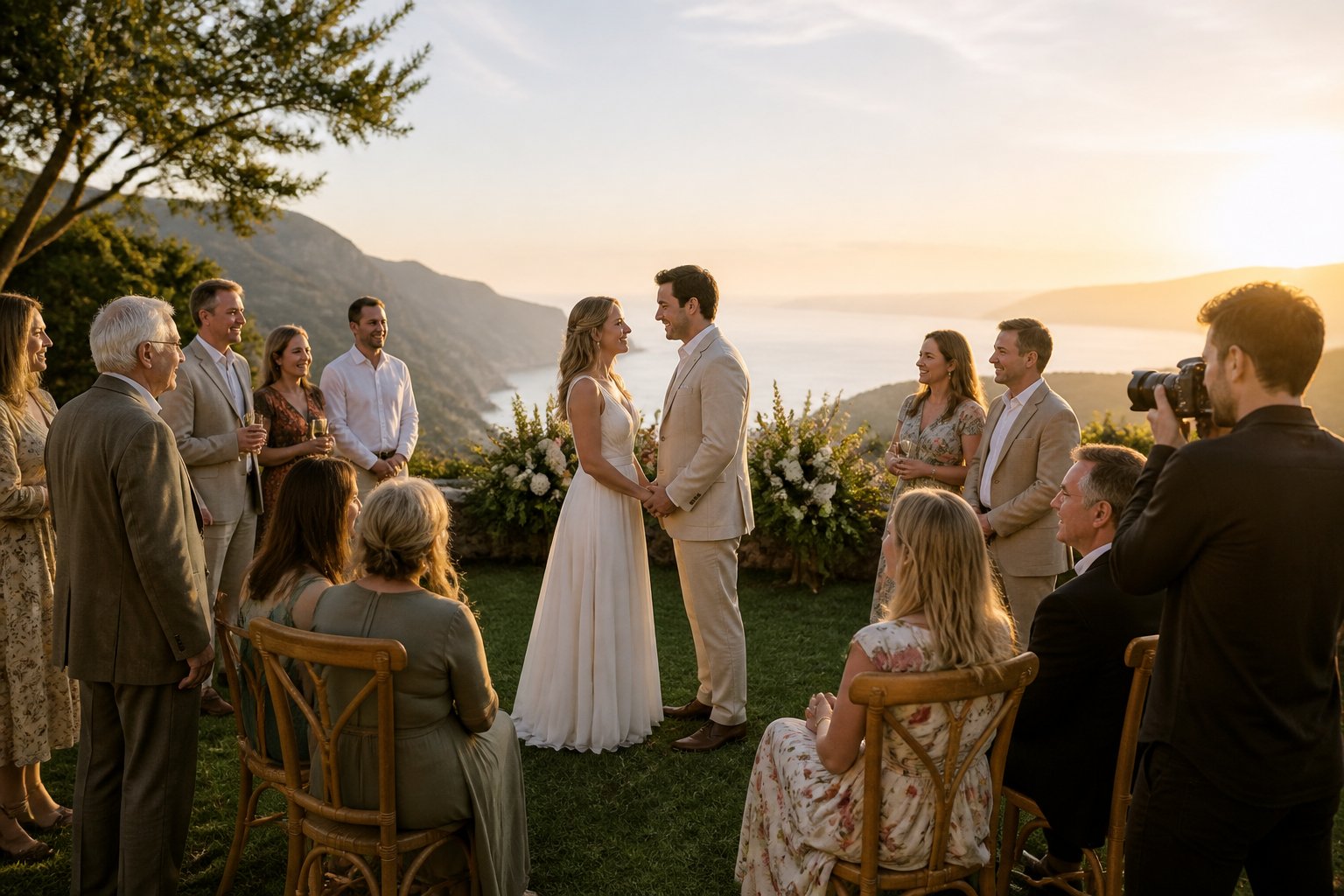 A newlywed couple celebrates with a small group of family and friends at an intimate outdoor ceremony.