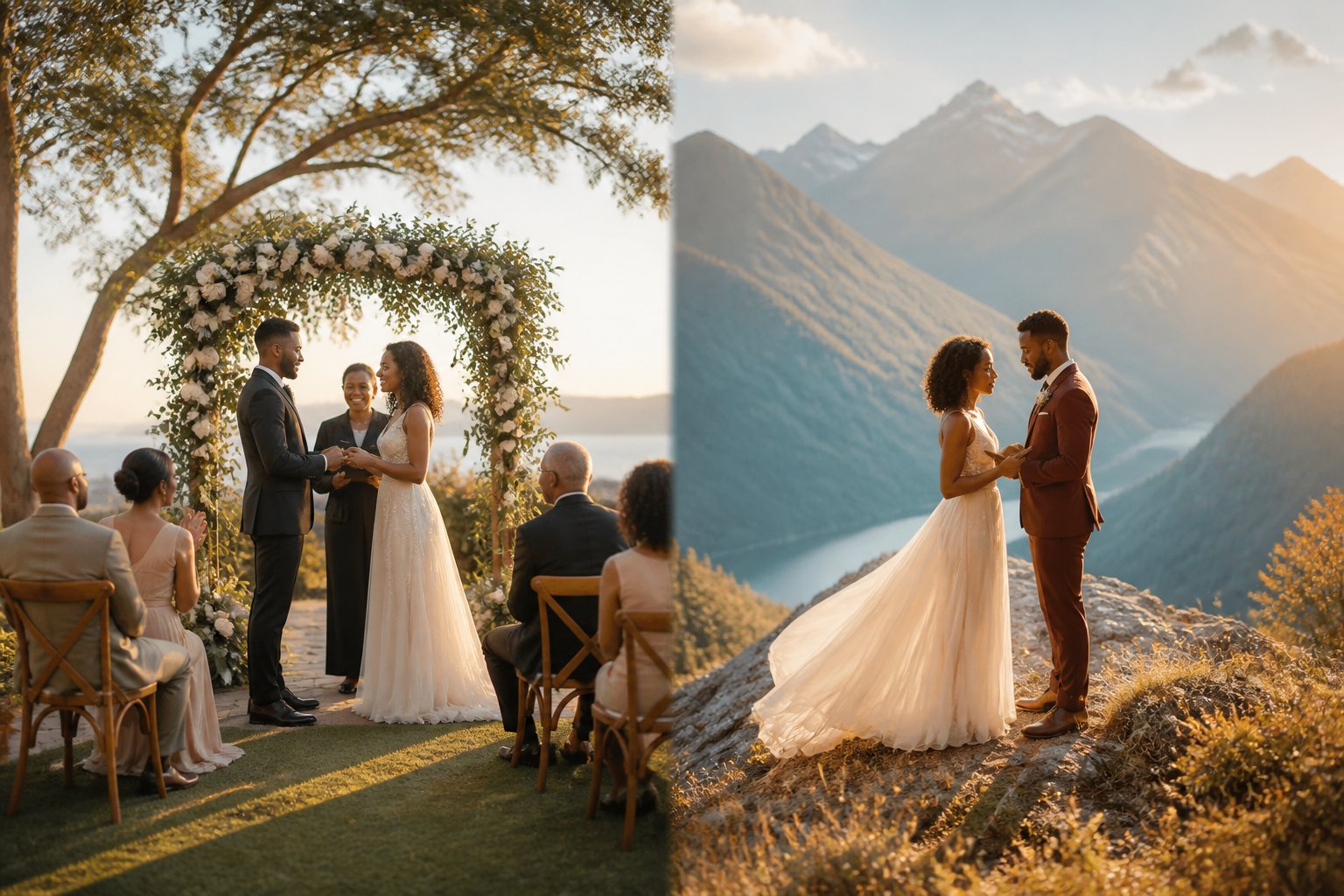 A couple is shown celebrating a small wedding with close guests and exchanging private vows in a scenic outdoor setting.