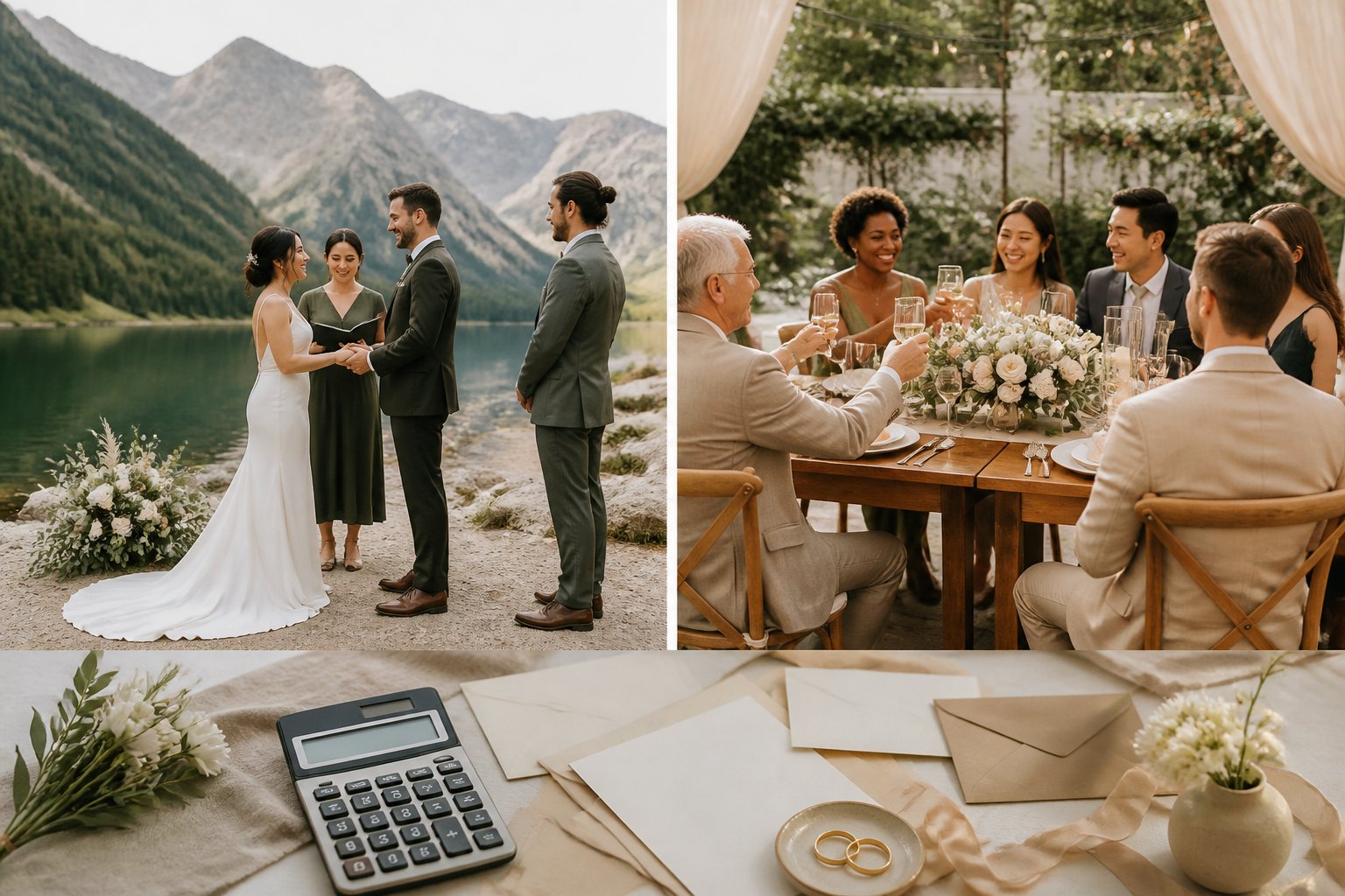 A couple elopes outdoors while a small group celebrates at an intimate wedding reception.