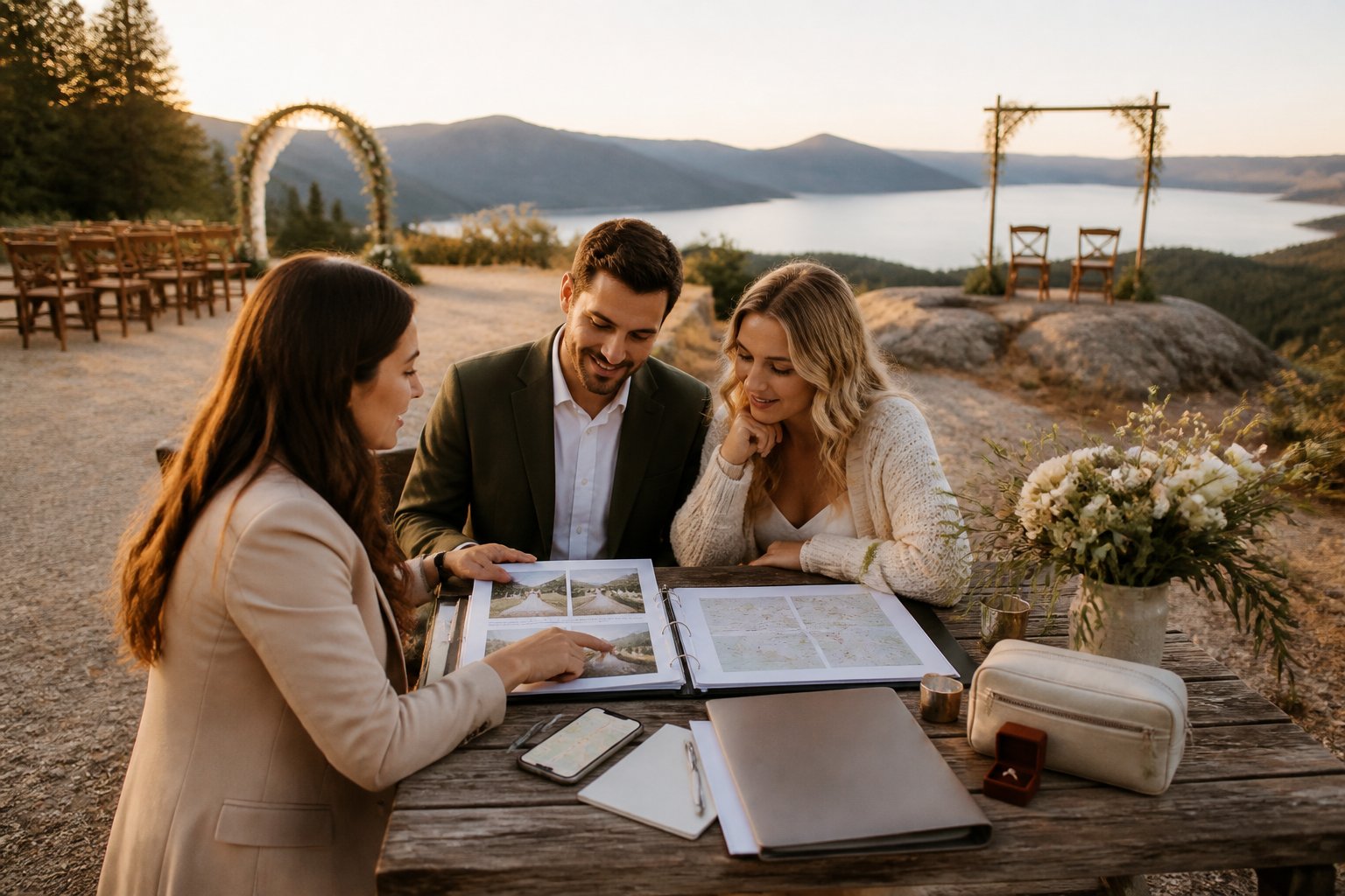A couple and wedding planner review ceremony plans and location details at an outdoor scenic venue.