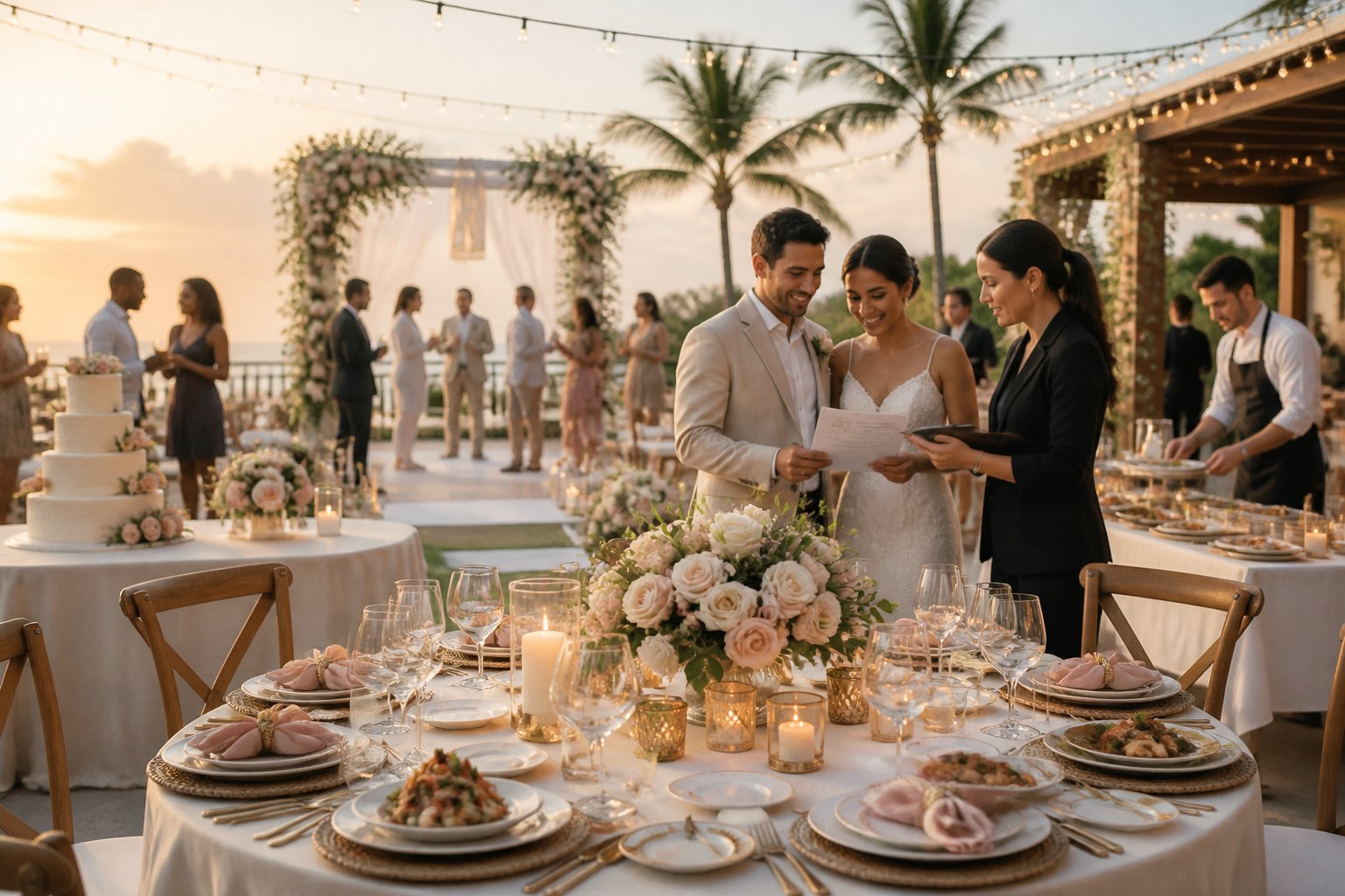 A couple and wedding coordinator review an elegantly prepared all-inclusive reception at an outdoor venue.