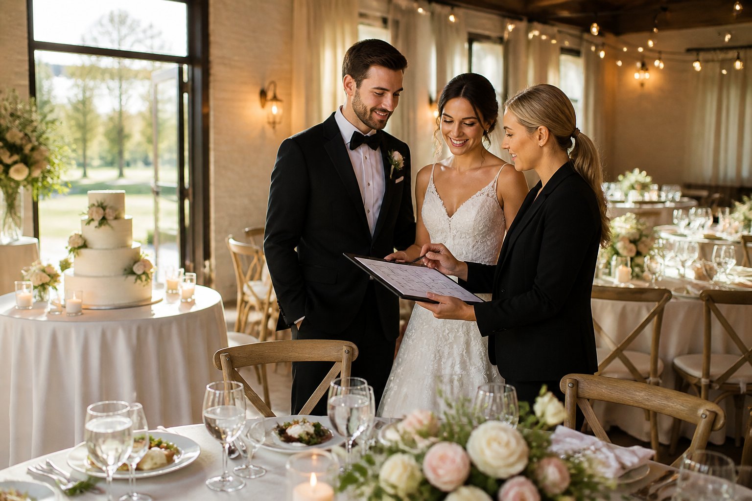 A newlywed couple discusses wedding arrangements with a coordinator in a decorated reception venue.