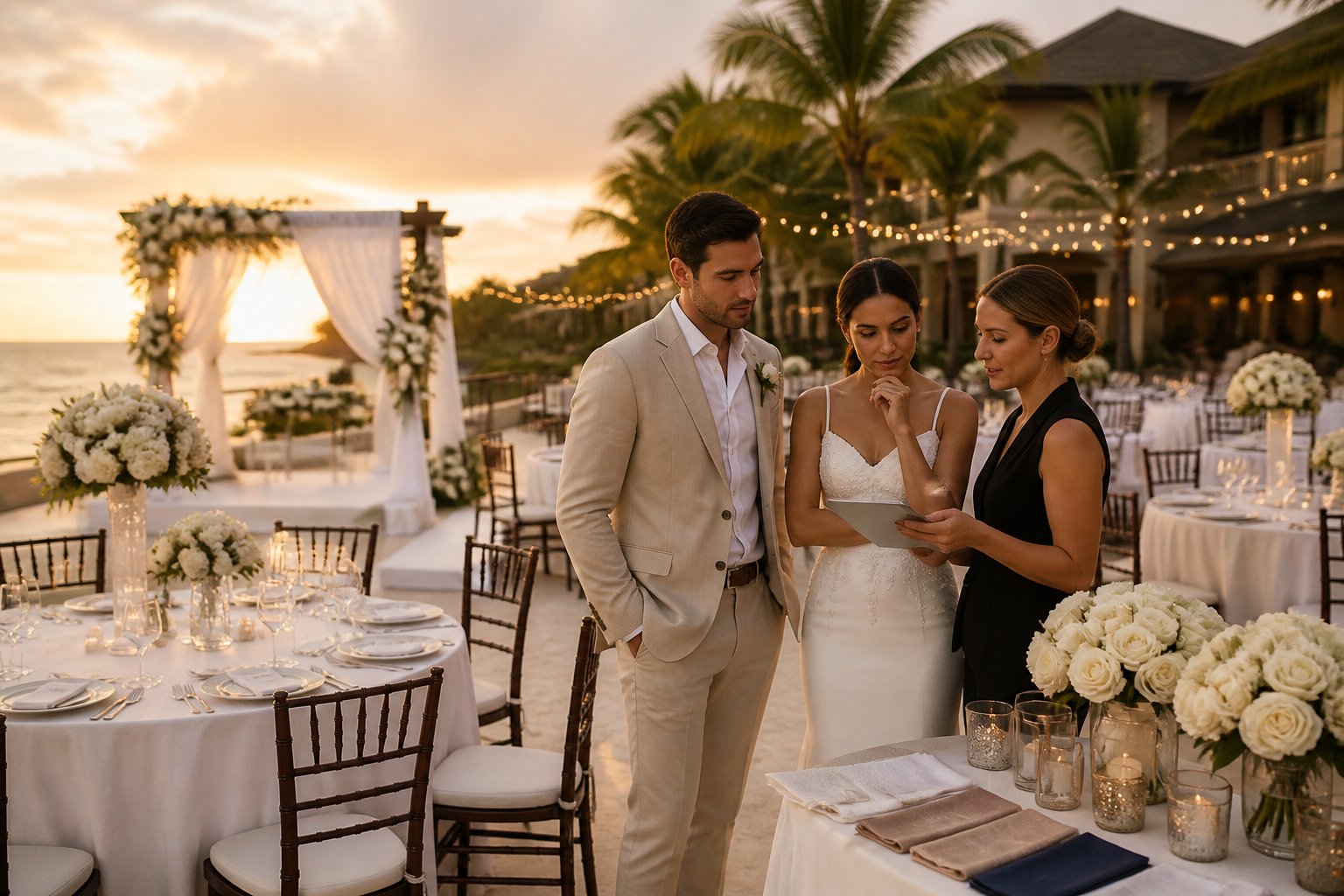 A couple discusses wedding arrangements with a coordinator at an elegant all-inclusive outdoor reception venue.
