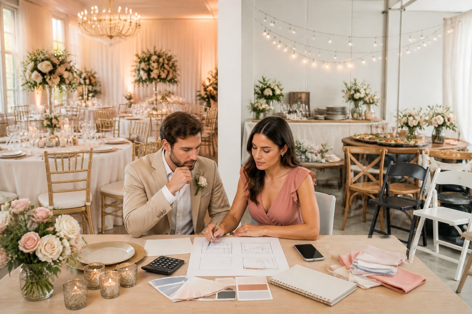 A couple compares an all-inclusive wedding reception setup with organized DIY wedding supplies.