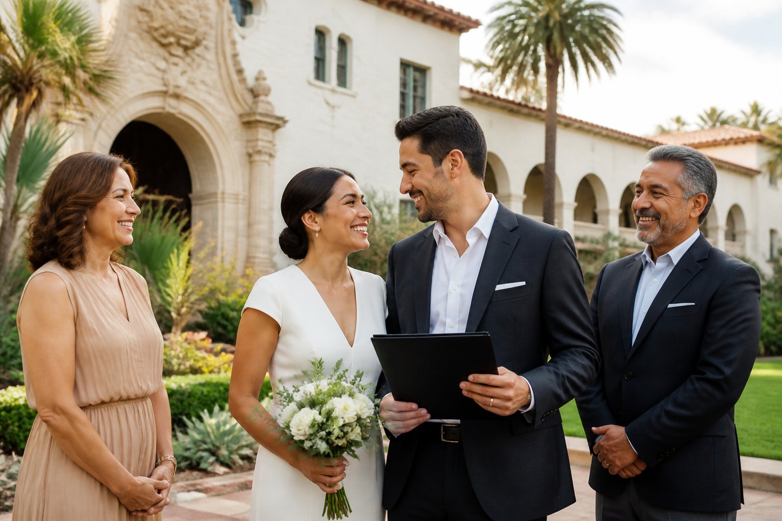 A couple in wedding attire stands outside a Spanish-style courthouse with family members.