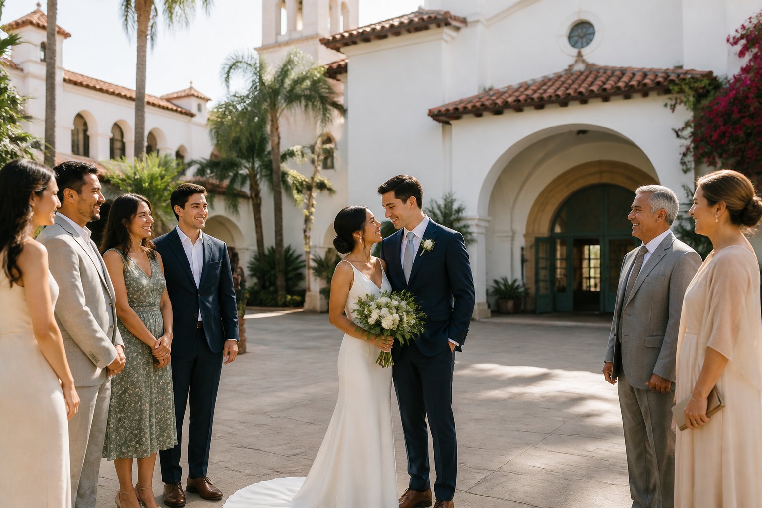 A newlywed couple celebrates outside a Spanish-style courthouse with a small group of family and friends.
