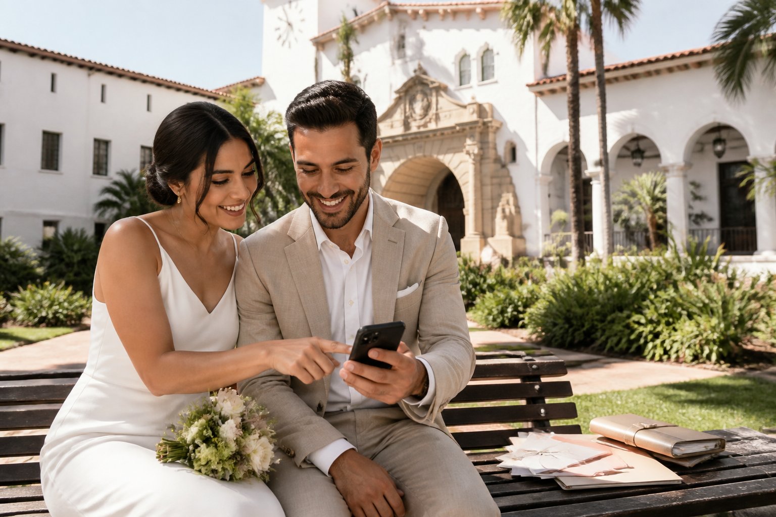 A couple in wedding attire stands outside the Santa Barbara County Courthouse with a bouquet and wedding planning items.