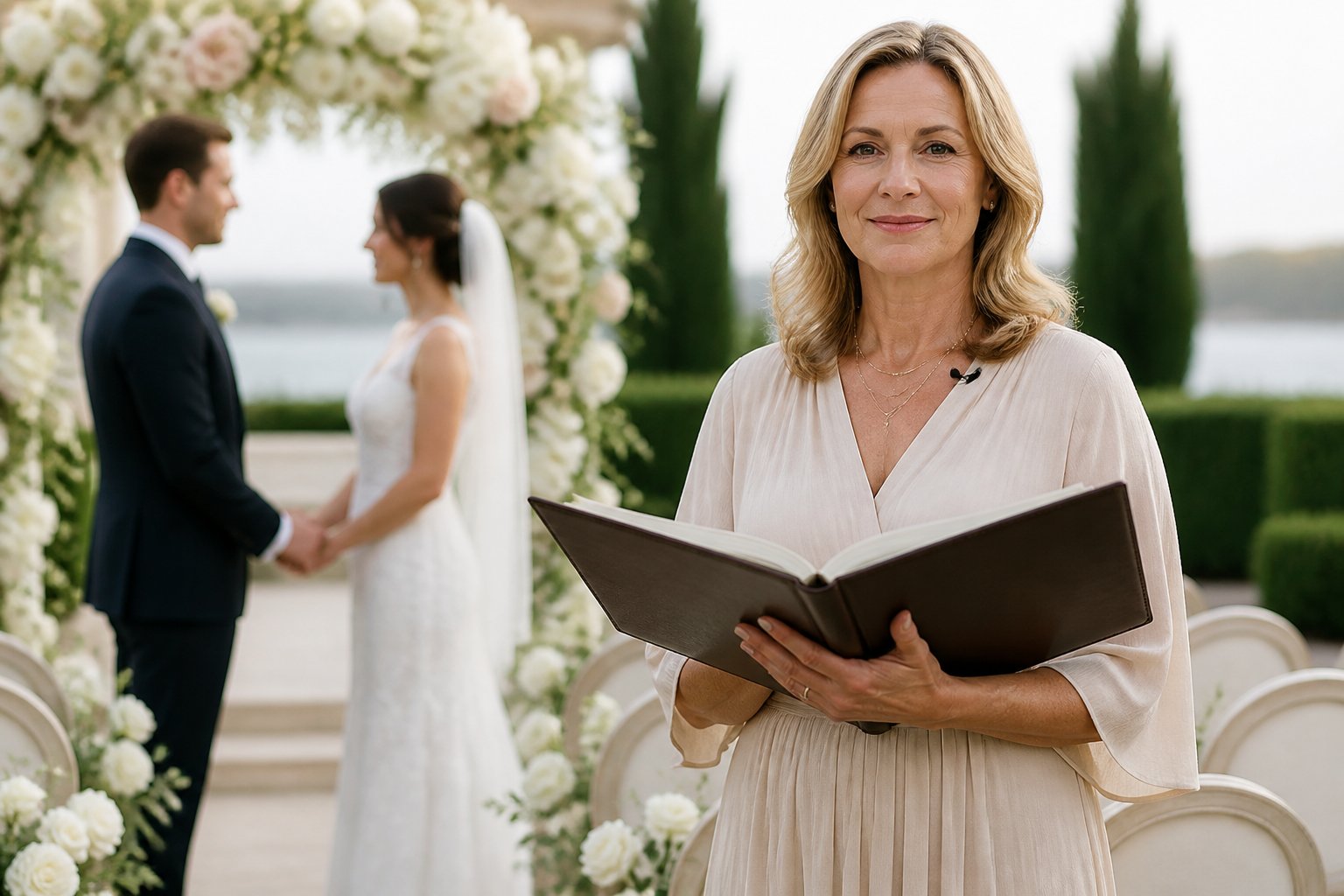 A wedding officiant holds a ceremony folder at an outdoor altar while the couple stands nearby.
