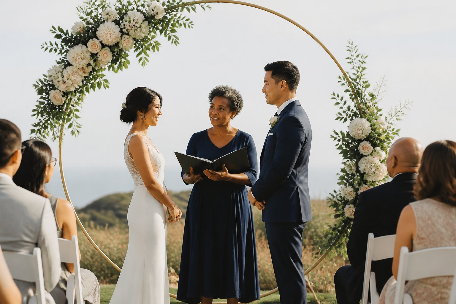 An officiant leads a couple through a simple outdoor wedding ceremony.