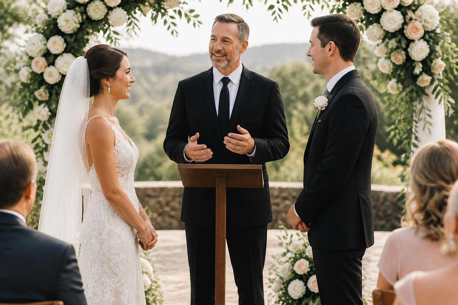 A wedding officiant speaks to a couple during an outdoor ceremony as guests watch.