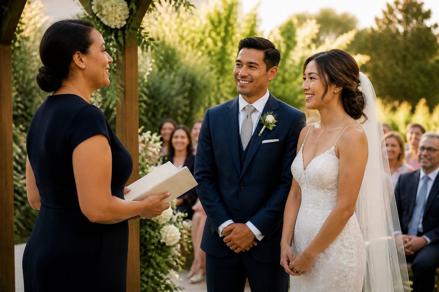 A wedding officiant speaks to a couple during an outdoor ceremony as guests watch.