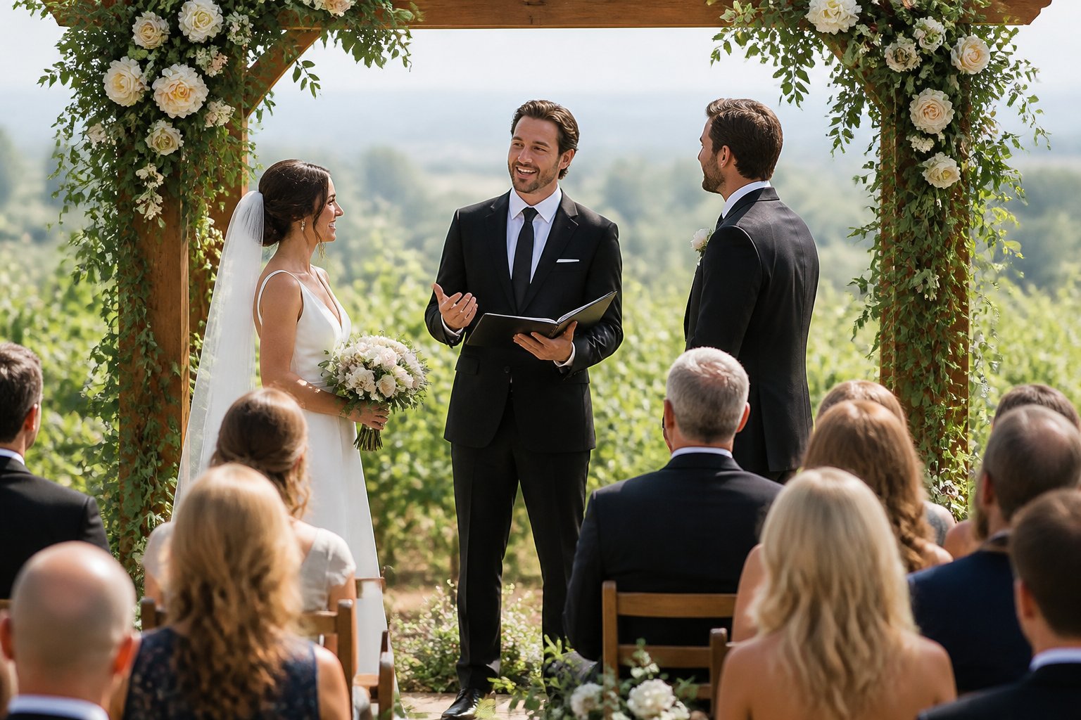 A wedding officiant speaks warmly to a couple during an outdoor ceremony while holding a script folder.