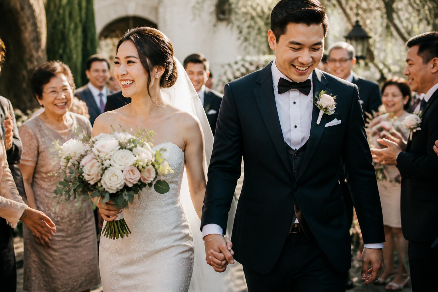 A newlywed couple walks hand in hand among smiling wedding guests outdoors.
