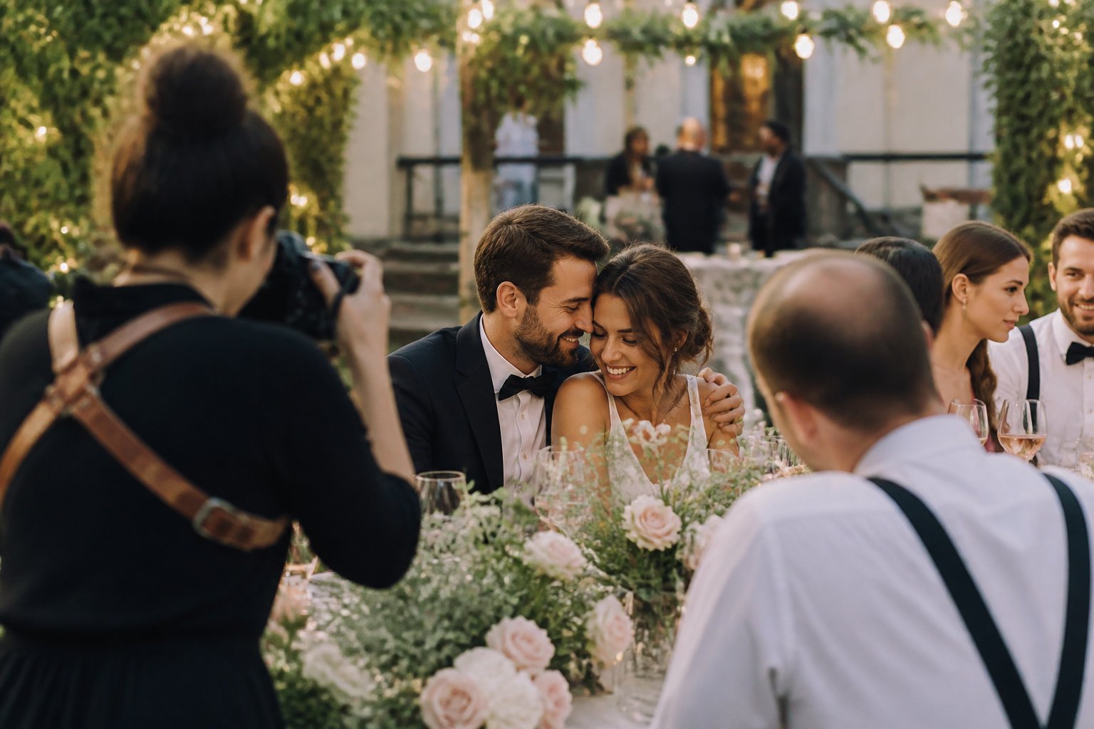 A wedding photographer captures a candid moment between a newlywed couple and their guests.