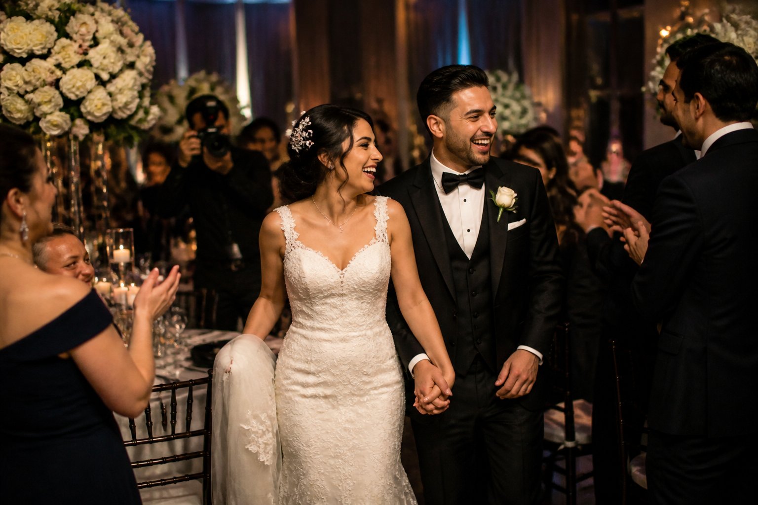 A newly married couple laughs together while walking through a warmly lit wedding reception surrounded by celebrating guests.