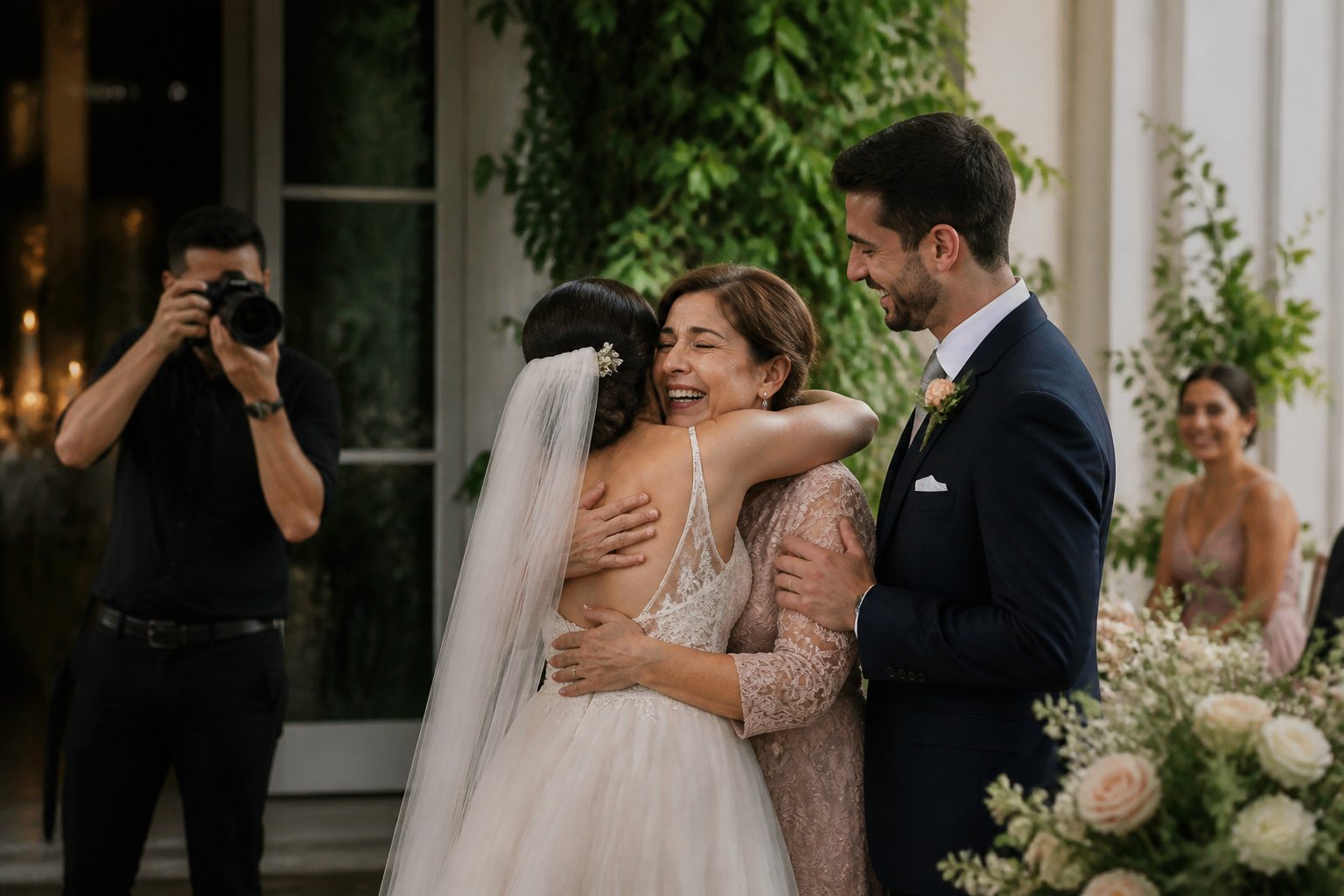 A wedding photographer captures a candid moment between newlyweds and their loved ones.