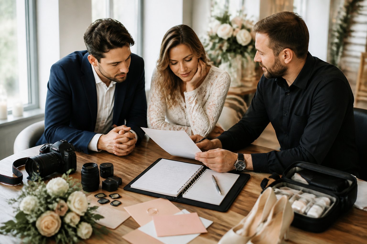 A couple and their wedding photographer prepare for the day while reviewing a checklist beside neatly arranged wedding items.