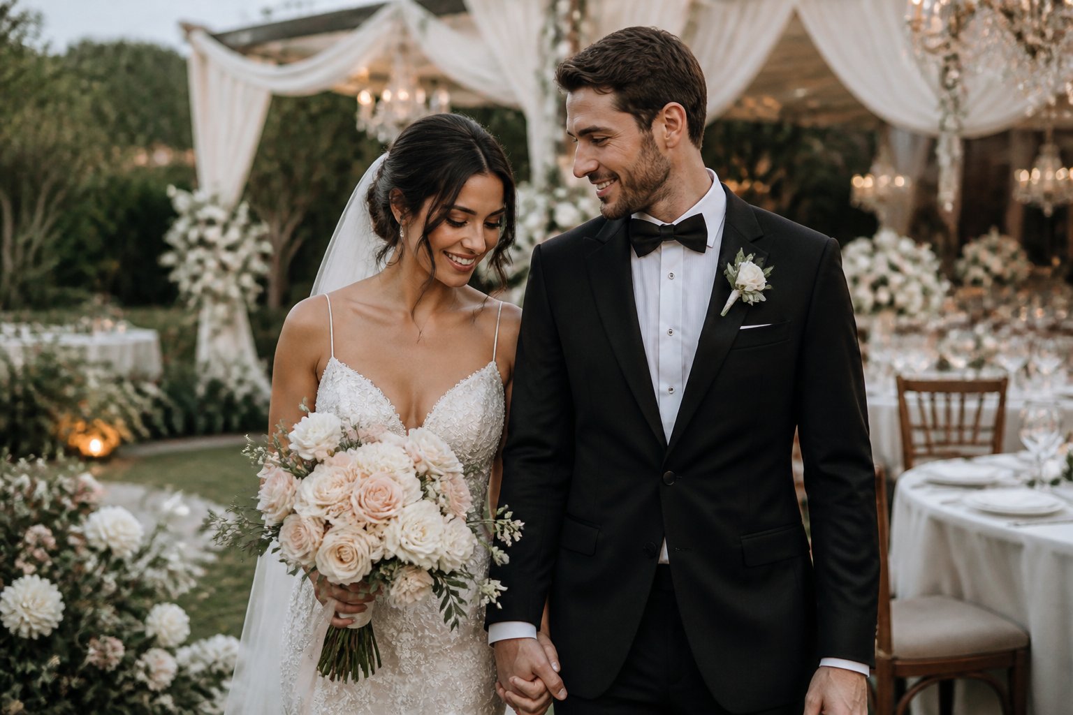 A newlywed couple holding hands at an elegant outdoor wedding ceremony.