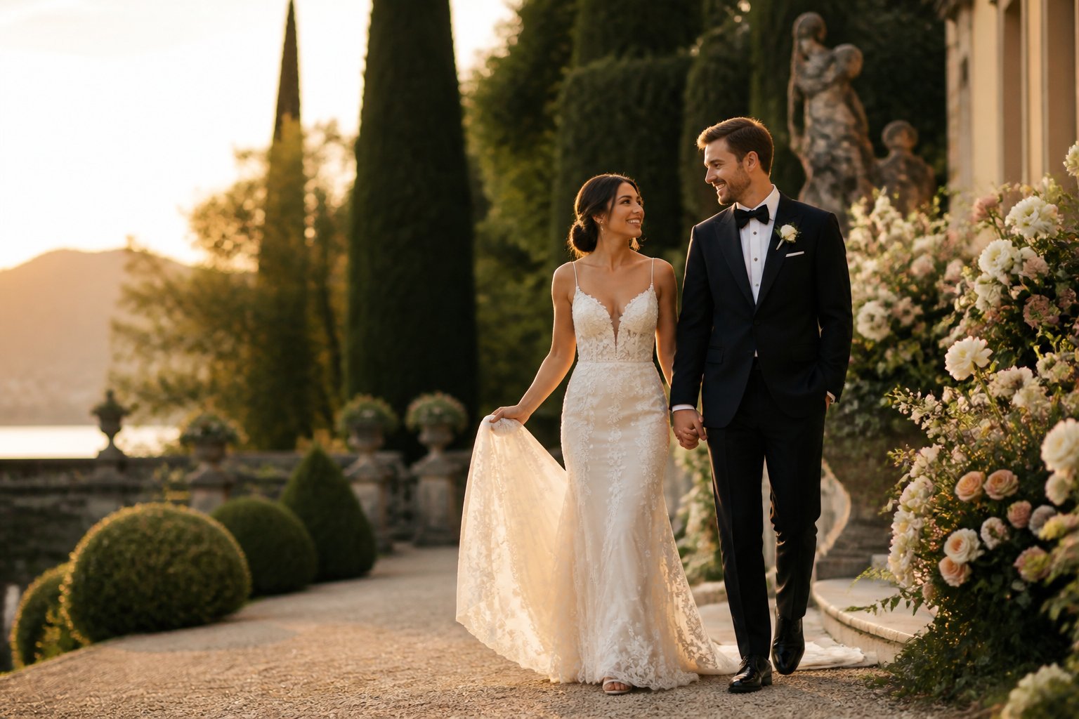 A bride and groom walk together through an elegant garden wedding venue in warm evening light.