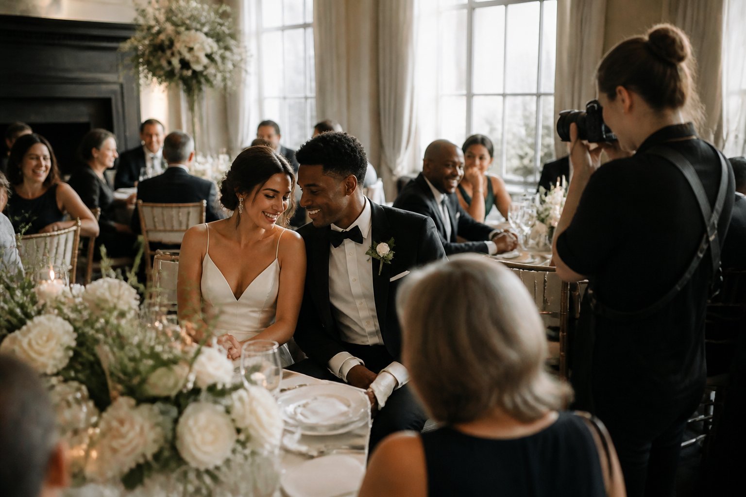 A wedding photographer captures a candid moment between a bride and groom while guests interact nearby.